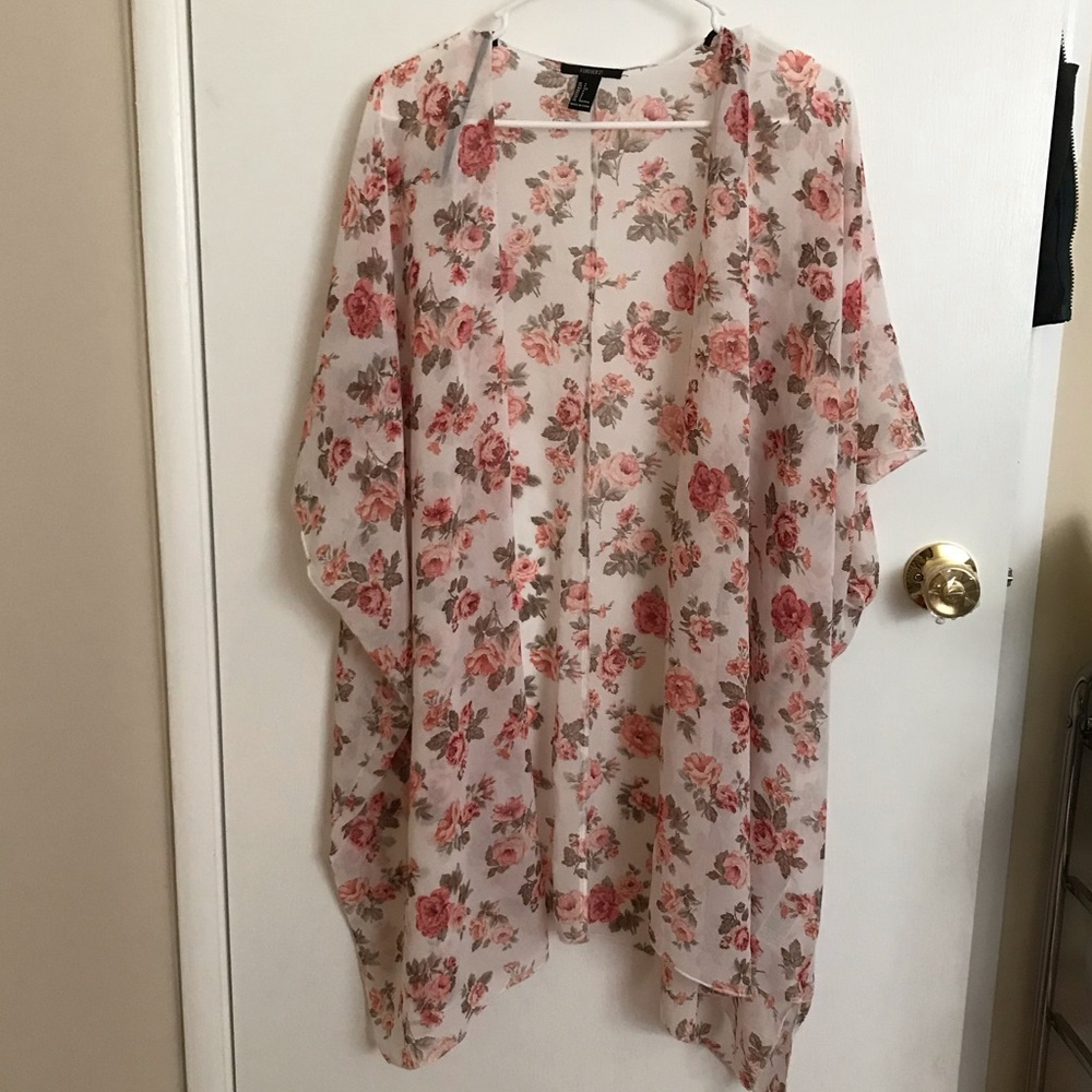 Forever 21 Rose Print Chiffon Kimono (White/Pink)